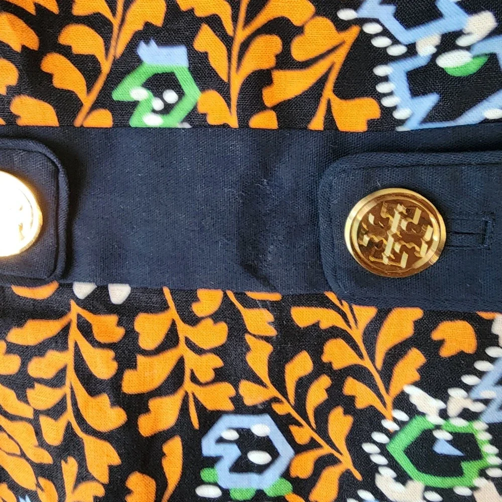 Tory Burch Dress Womens Size 2 Orange Navy Linen Floral‎ Shift Logo Buttons